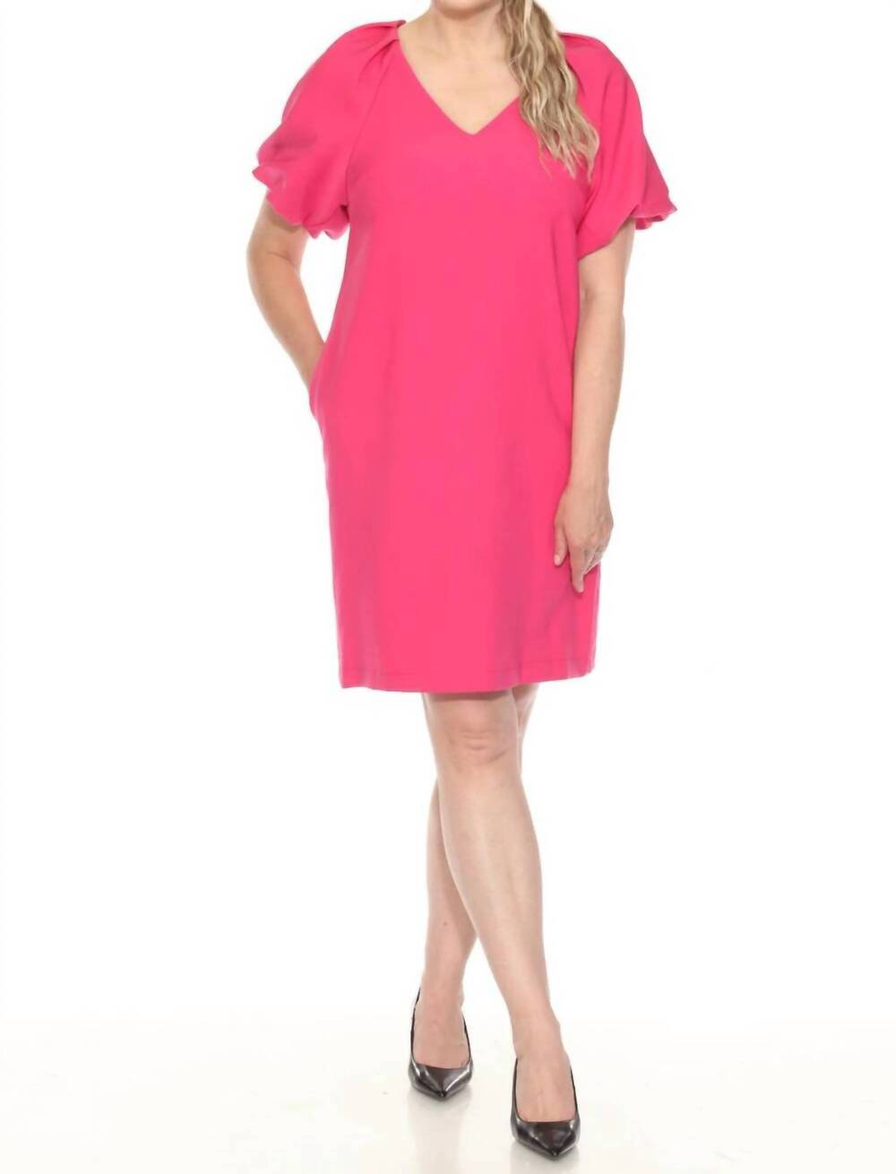 NEW JOSEPH RIBKOFF v-neck puff sleeve shift dress in geranium